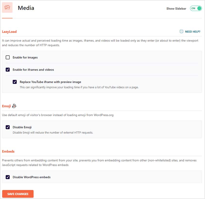 wp-rocket media settings